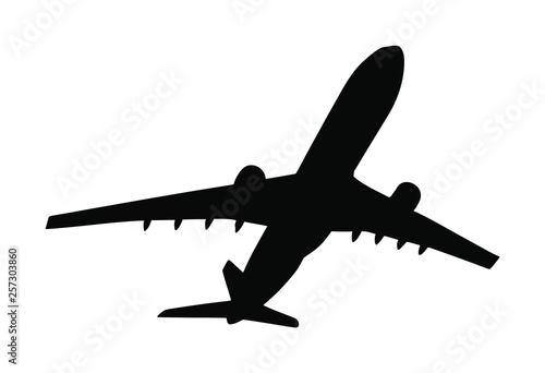 Airplane vector silhouette illustration isolated on white background. Jet plane leaves airport symbol. Aircraft go to destination. Plane shadow. 