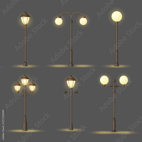 Set of vintage gas or electric street lamps. Outdoor lights at night. Collection of vector urban icons.