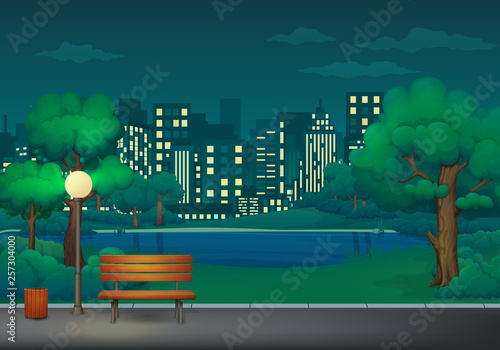 Summer, spring night park vector illustration. Wooden bench, trash bin and street lamp on an asphalt park trail with lush green trees, bushes, lake and cityscape with skyscrapers.