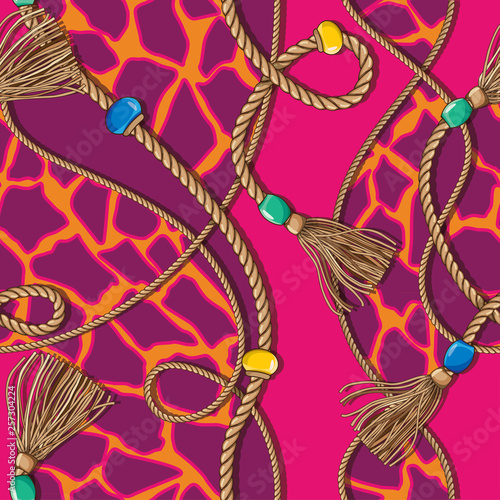 Seamless pattern with animal print and twisted ropes. Fashionable pattern in oriental style. Vector illustration