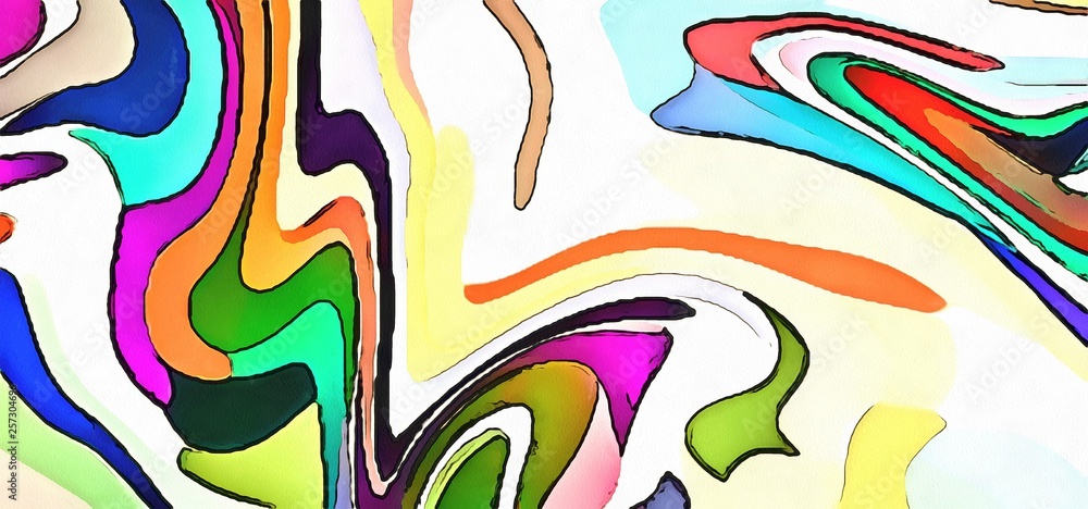 Obraz premium Abstract artistic background in very colorful pastel colors. Little swirl design. Dry graphic watercolor stylization. Juicy psychedelic design. White backdrop for element contrast. Chaotic twist paint