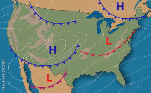 Weather forecast. Meteorological weather map of the United State of America. Realistic synoptic map USA with aditable generic map showing isobars and weather fronts. Topography and physical map.