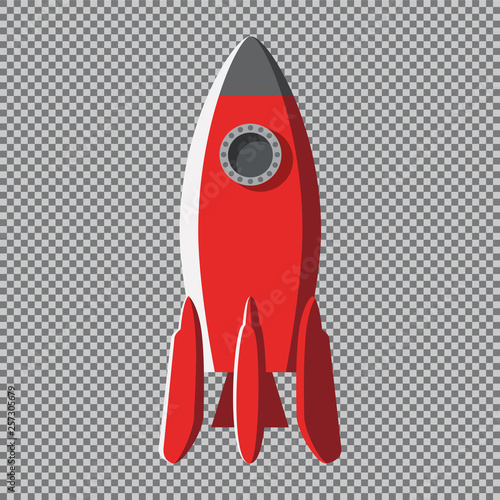 Red rocket with a black contour on a transparent background. Sign, symbol, icon. Stock vector illustration.