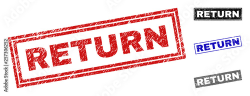 Grunge RETURN rectangle stamp seals isolated on a white background. Rectangular seals with grunge texture in red, blue, black and grey colors.