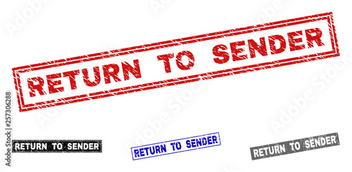 Grunge RETURN TO SENDER rectangle stamp seals isolated on a white background. Rectangular seals with distress texture in red, blue, black and grey colors.