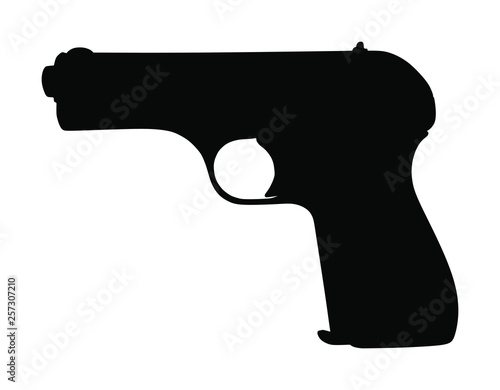 Pistol Gun Icon Vector silhouette Illustration isolated on white background. Risk in conflict situation. police and military weapon. Defense help option against enemy aggressor. Anti terrorism action.