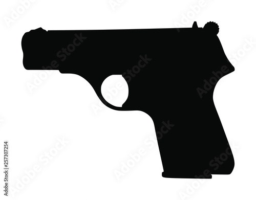 Pistol Gun Icon Vector silhouette Illustration isolated on white background. Risk in conflict situation. police and military weapon. Defense help option against enemy aggressor. Anti terrorism action.