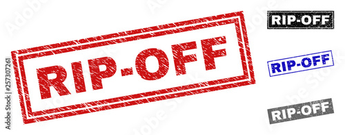 Grunge RIP-OFF rectangle stamp seals isolated on a white background. Rectangular seals with distress texture in red, blue, black and gray colors.