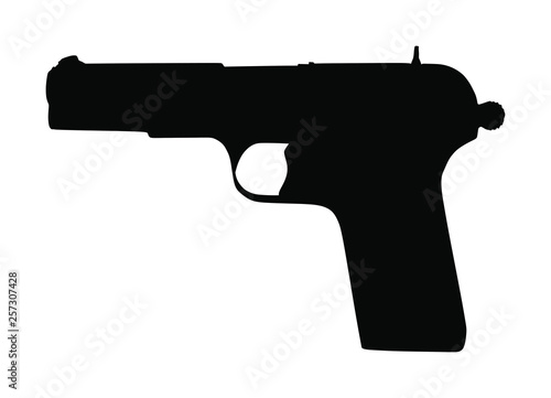 Pistol Gun Icon Vector silhouette Illustration isolated on white background. Risk in conflict situation. police and military weapon. Defense help option against enemy aggressor. Anti terrorism action.