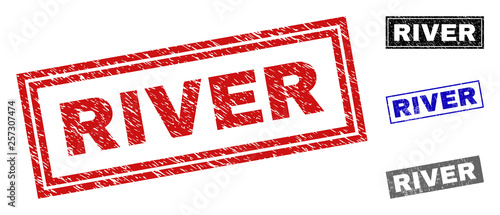 Grunge RIVER rectangle stamp seals isolated on a white background. Rectangular seals with grunge texture in red, blue, black and grey colors.