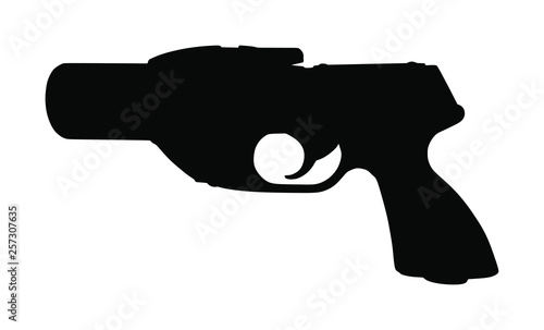  Flare gun vector silhouette isolated on white background. Signal pistol for survival stray people. SOS alert weapon for rescue help. Start shoot sign for race.
