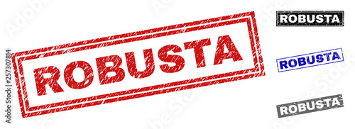 Grunge ROBUSTA rectangle stamp seals isolated on a white background. Rectangular seals with distress texture in red, blue, black and gray colors.