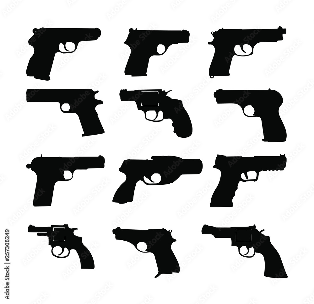 Pistol Gun Icon Vector Illustration isolated on white background. Risk in conflict situation. police and military weapon. Defense help option against enemy aggressor. Pistol gun, revolver collection.