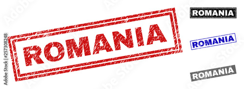 Grunge ROMANIA rectangle stamp seals isolated on a white background. Rectangular seals with grunge texture in red, blue, black and gray colors.