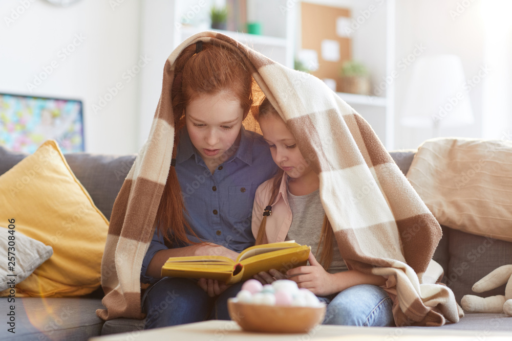Portrait of two sisters reading book under blanket while sitting on sofa at home, copy space Portrait of two sisters reading book under blanket while sitting on sofa at home, copy space