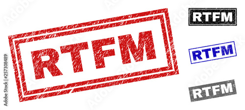 Grunge RTFM rectangle stamp seals isolated on a white background. Rectangular seals with grunge texture in red, blue, black and gray colors.