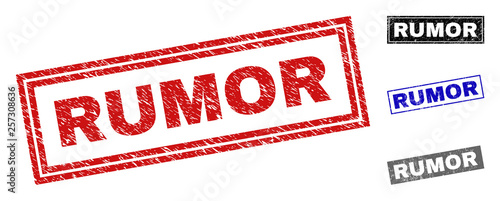 Grunge RUMOR rectangle stamp seals isolated on a white background. Rectangular seals with grunge texture in red, blue, black and grey colors.