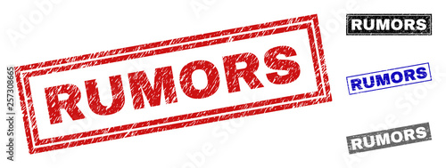 Grunge RUMORS rectangle stamp seals isolated on a white background. Rectangular seals with grunge texture in red, blue, black and grey colors.