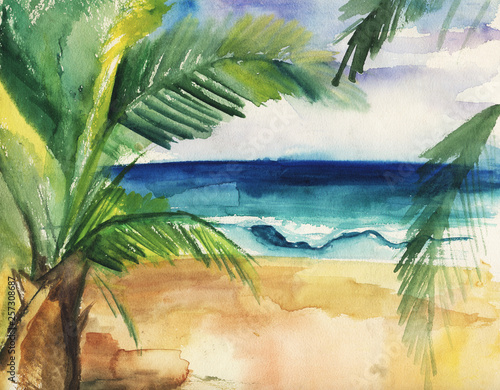Watercolor illustration of a tropical beach, waves and palms. 
