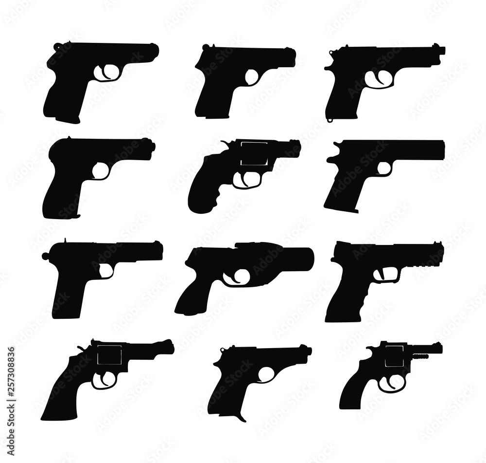 Pistol Gun Icon Vector Illustration isolated on white background. Risk in conflict situation. police and military weapon. Defense help option against enemy aggressor. Pistol gun, revolver collection.