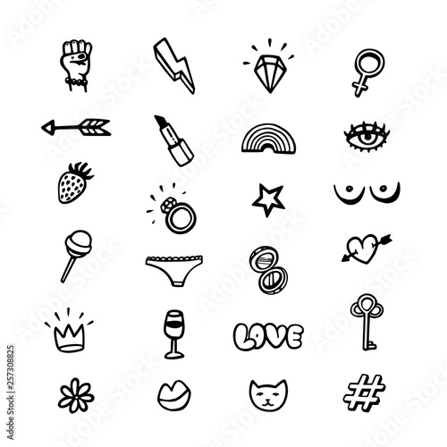 Girl power movement. Doodle style Feminist set of icons on white background. Feminist movement, protest action, girl power. Vector illustration.