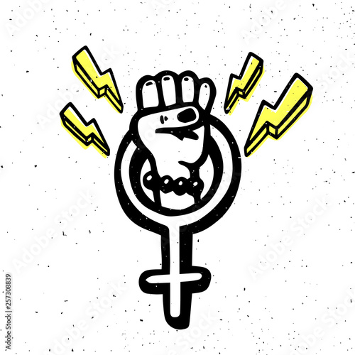 Girl power movement. Doodle style female gender symbol and raised fist on white background. Feminist movement, protest action, girl power. Vector illustration.