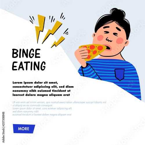 Psychology. Binge eating. Woman character with slice of pizza. Overweight female person suffering from overeating. Doodle slyle flat vector illustration.