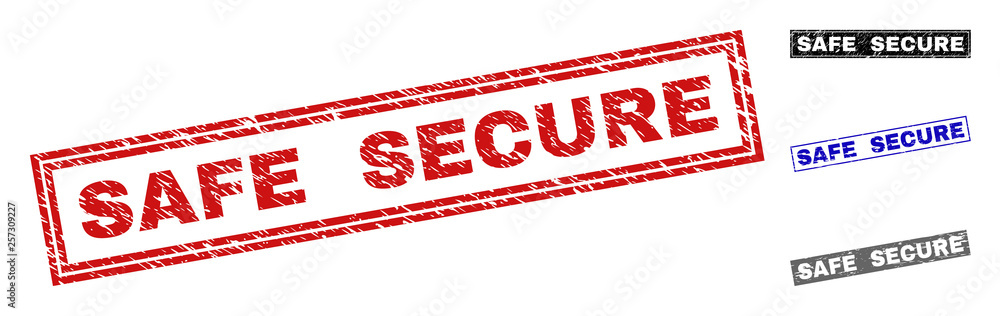 Grunge SAFE SECURE rectangle stamp seals isolated on a white background. Rectangular seals with grunge texture in red, blue, black and grey colors. Grunge SAFE SECURE rectangle stamp seals isolated on a white background. Rectangular seals with grunge texture in red, blue, black and grey colors.