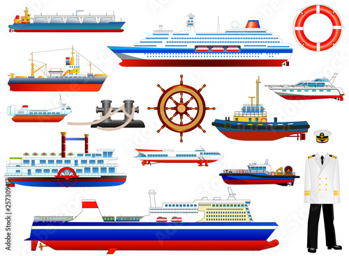 Ships side view and naval objects vector set, isolated on white