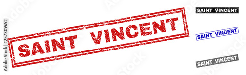 Grunge SAINT VINCENT rectangle stamp seals isolated on a white background. Rectangular seals with distress texture in red, blue, black and gray colors.