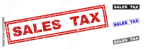 Grunge SALES TAX rectangle stamp seals isolated on a white background. Rectangular seals with grunge texture in red, blue, black and gray colors.