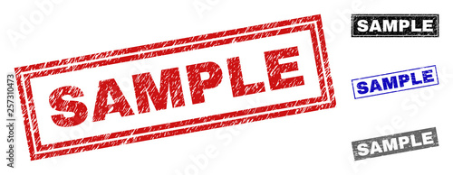 Grunge SAMPLE rectangle stamp seals isolated on a white background. Rectangular seals with grunge texture in red, blue, black and grey colors.