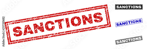 Grunge SANCTIONS rectangle stamp seals isolated on a white background. Rectangular seals with distress texture in red, blue, black and grey colors.