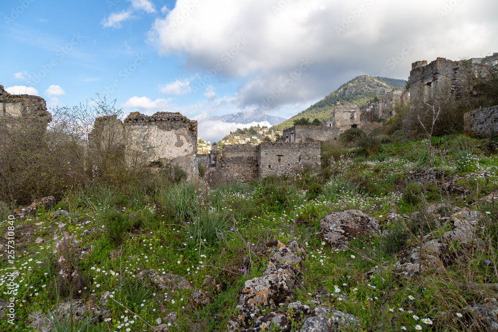 The abandoned Greek Village of Kayakoy, Fethiye, Turkey. Old greek houses, kaya koy near Mediterranean coast. 