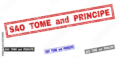 Grunge SAO TOME AND PRINCIPE rectangle stamp seals isolated on a white background. Rectangular seals with grunge texture in red, blue, black and gray colors.