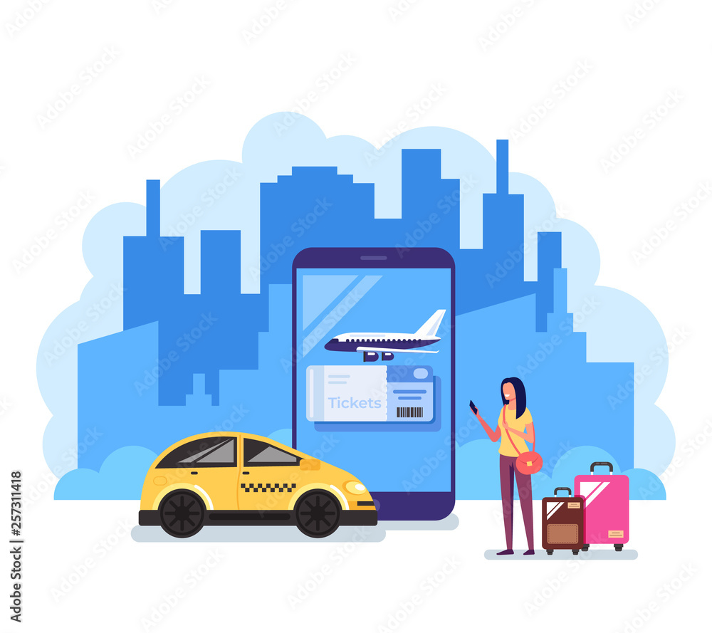 Happy smiling woman tourist traveler buying online airplane tickets and taxi trip. Travel tourism technology concept. Vector flat cartoon graphic design illustration