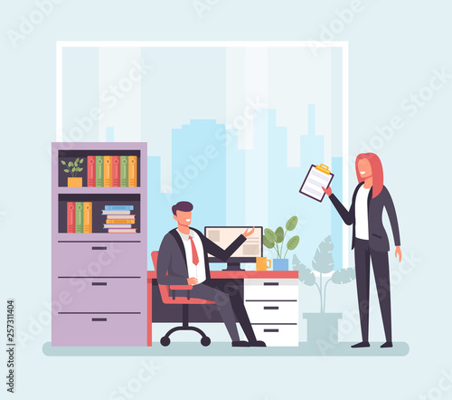 Business woman office worker character bringing report paperwork to boss. Office life concept. Vector flat cartoon graphic design illustration