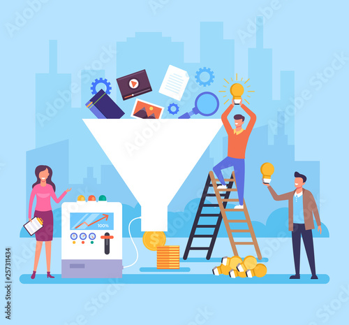 Funnel generation people office workers team characters. Successful business concept. Vector flat cartoon graphic design illustration
