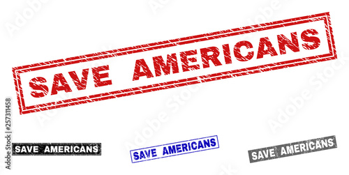 Grunge SAVE AMERICANS rectangle stamp seals isolated on a white background. Rectangular seals with grunge texture in red, blue, black and gray colors.