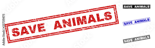 Grunge SAVE ANIMALS rectangle stamp seals isolated on a white background. Rectangular seals with grunge texture in red, blue, black and grey colors.
