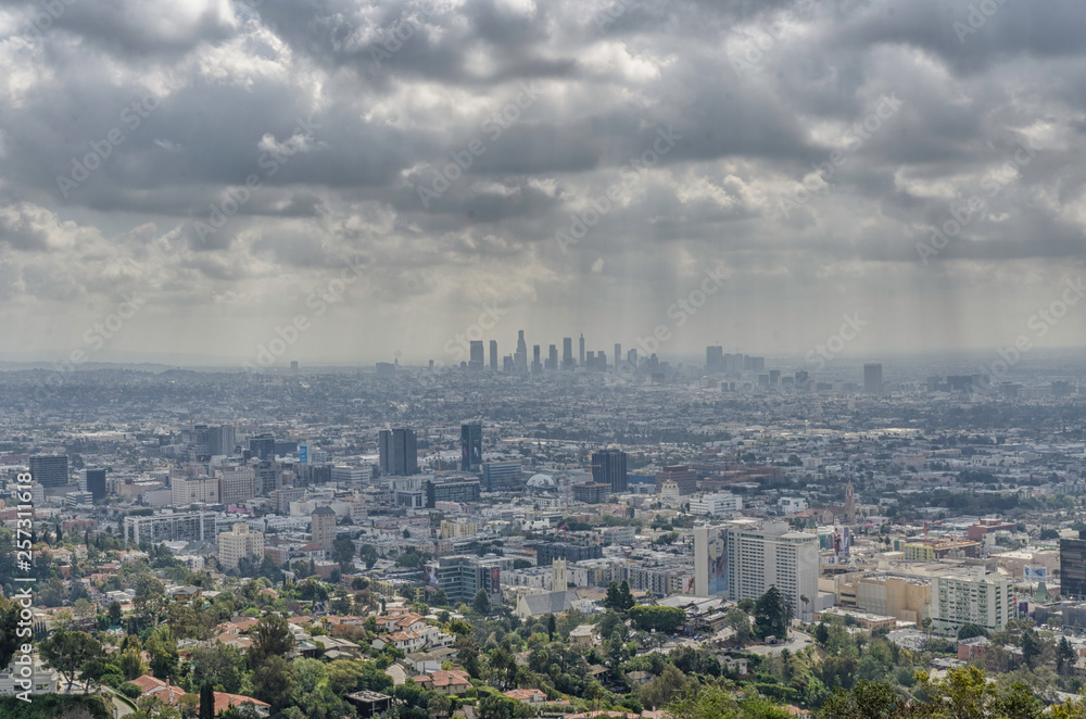 View of downtown LA from Runyon Canyon hiking trail, Los Angeles, CA.