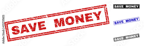 Grunge SAVE MONEY rectangle stamp seals isolated on a white background. Rectangular seals with grunge texture in red, blue, black and grey colors.