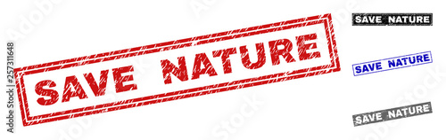 Grunge SAVE NATURE rectangle stamp seals isolated on a white background. Rectangular seals with grunge texture in red, blue, black and gray colors.