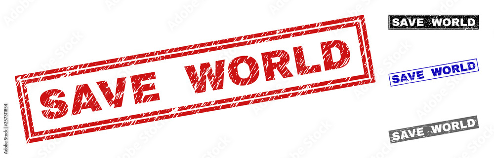 Grunge SAVE WORLD rectangle stamp seals isolated on a white background. Rectangular seals with grunge texture in red, blue, black and grey colors. Grunge SAVE WORLD rectangle stamp seals isolated on a white background. Rectangular seals with grunge texture in red, blue, black and grey colors.