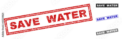 Grunge SAVE WATER rectangle stamp seals isolated on a white background. Rectangular seals with grunge texture in red, blue, black and grey colors.
