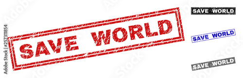 Grunge SAVE WORLD rectangle stamp seals isolated on a white background. Rectangular seals with grunge texture in red, blue, black and grey colors.