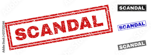 Grunge SCANDAL rectangle stamp seals isolated on a white background. Rectangular seals with grunge texture in red, blue, black and gray colors.