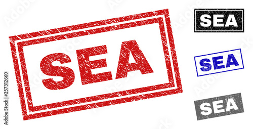 Grunge SEA rectangle stamp seals isolated on a white background. Rectangular seals with grunge texture in red, blue, black and grey colors.