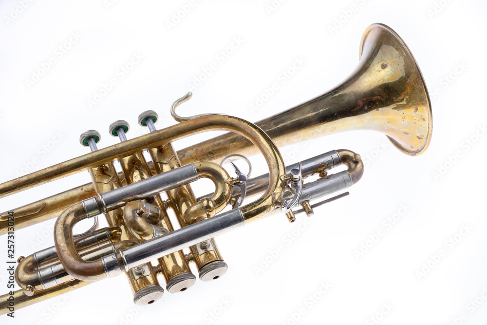 Obraz premium An old trumpet covered with patina. Musical wind instrument.