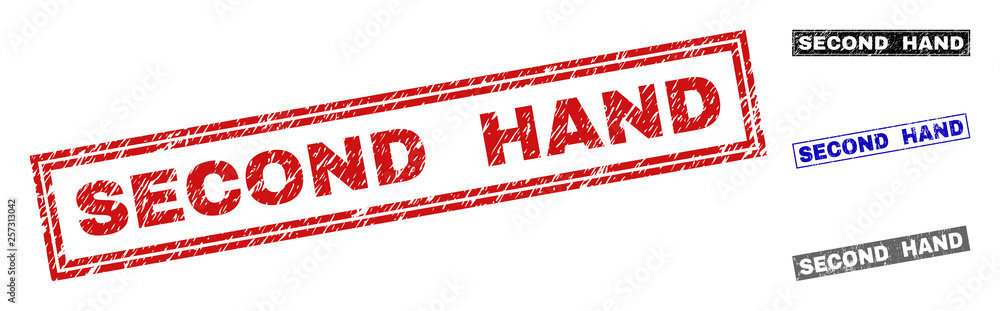 Grunge SECOND HAND rectangle stamp seals isolated on a white background. Rectangular seals with grunge texture in red, blue, black and grey colors. Grunge SECOND HAND rectangle stamp seals isolated on a white background. Rectangular seals with grunge texture in red, blue, black and grey colors.